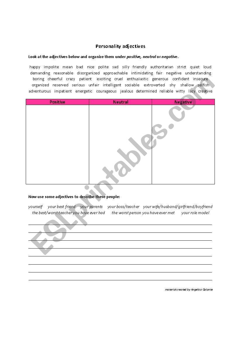 Vocabulary on personality adjectives