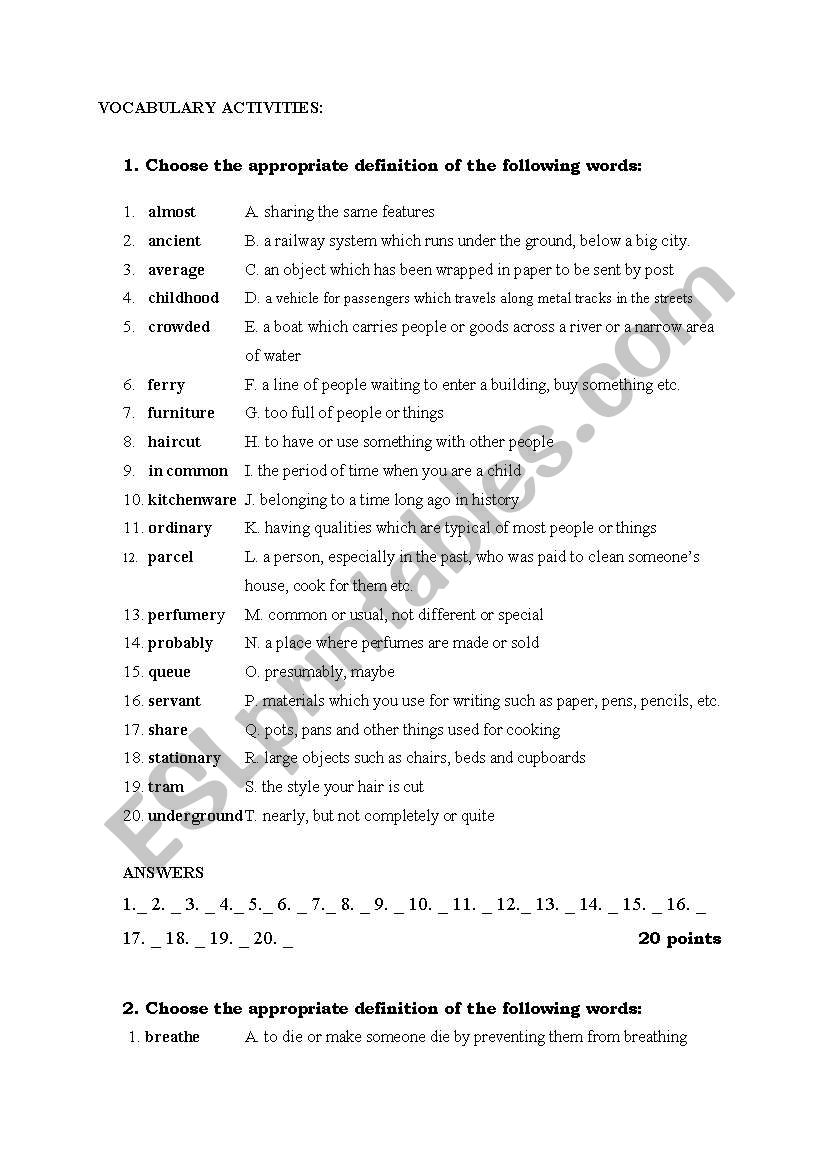 REVISION VOCABULARY SHORT TESTS