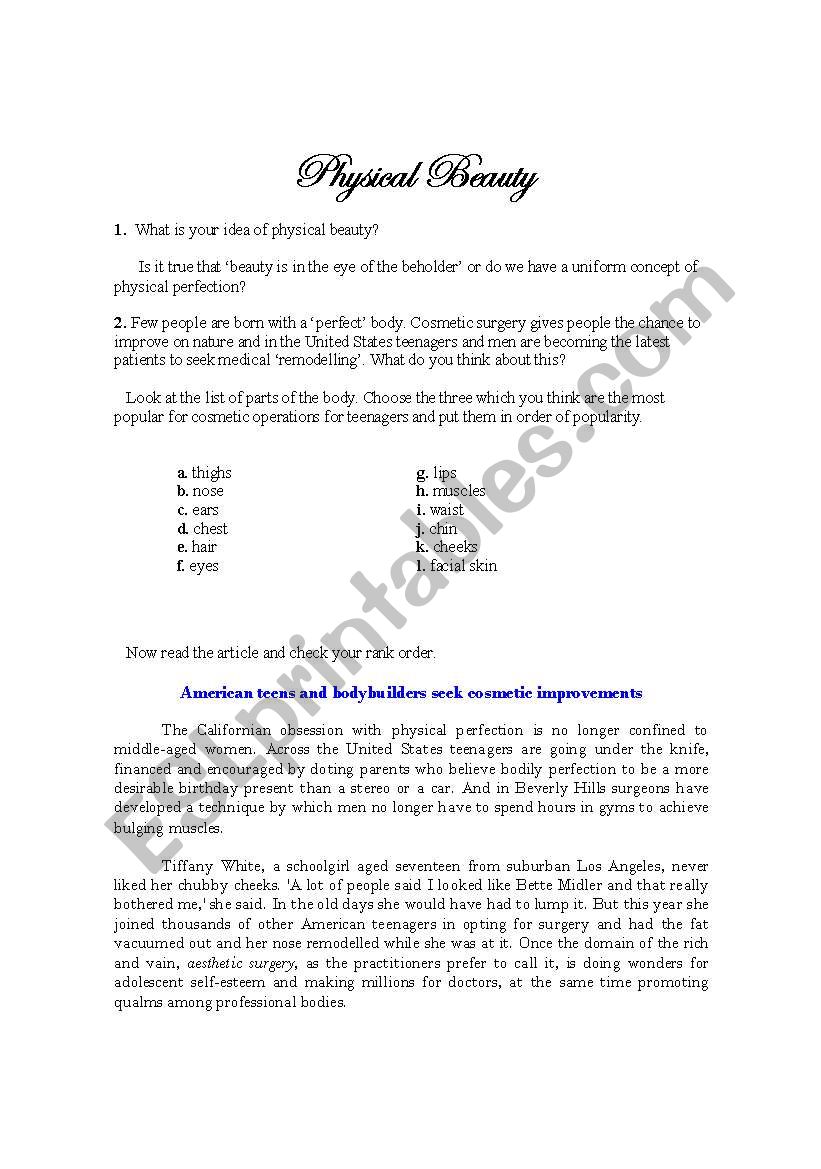 physical beauty worksheet