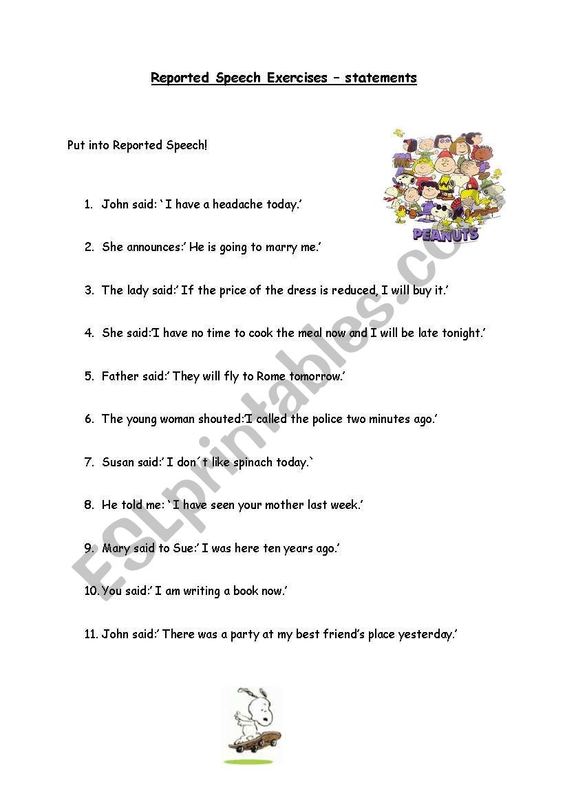 Reported Speech - statements worksheet