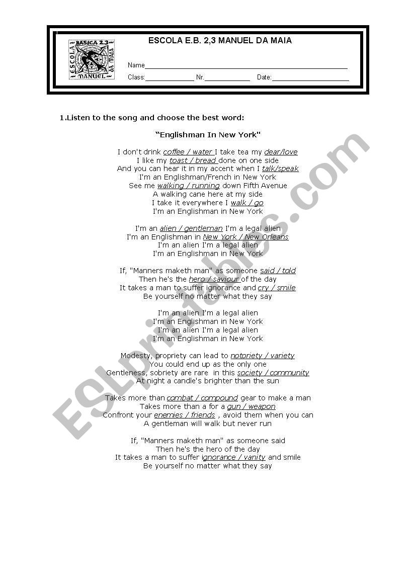 Song : Englishman in New York worksheet