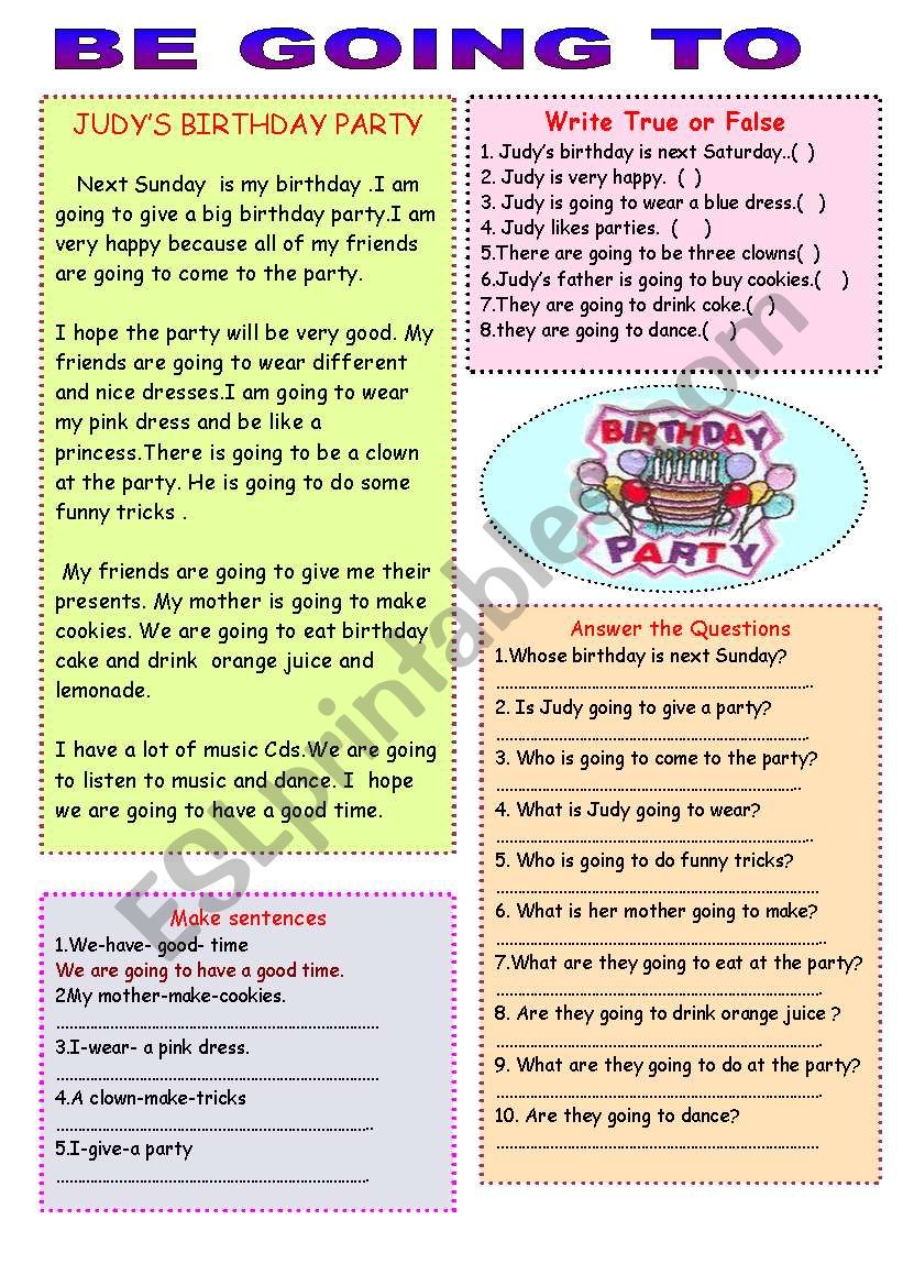 Judys birthday Party worksheet