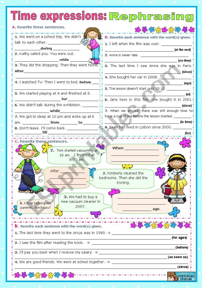 Time expressions:  Rephrasing worksheet