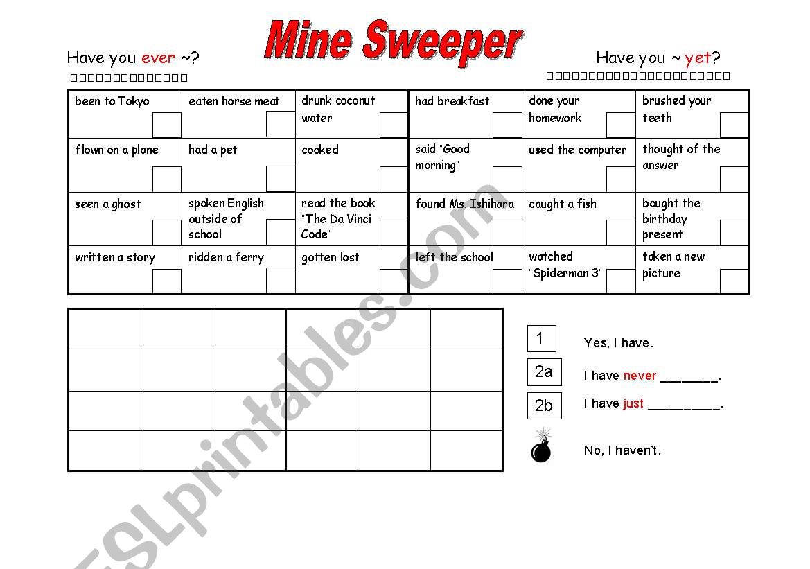 Mine Sweeper - Have you worksheet