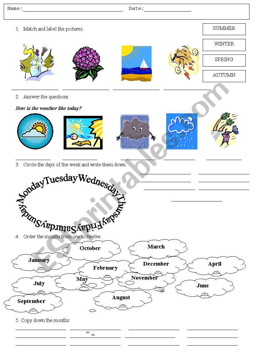 weather, months and days worksheet