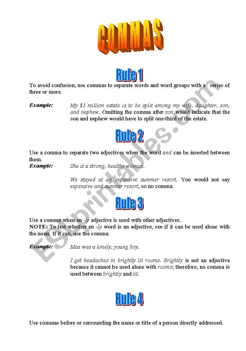 Commas worksheet