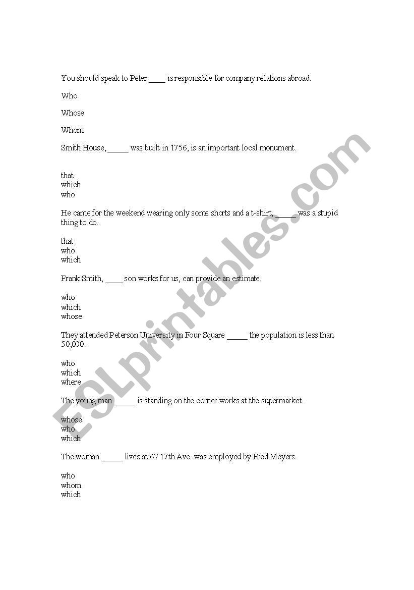 relative clauses blanks worksheet