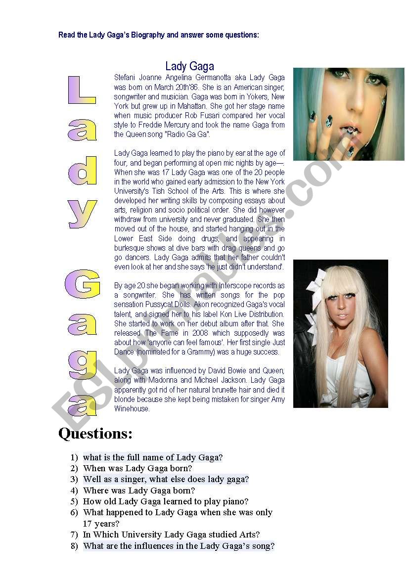 Lady GagaÂ´s biography worksheet