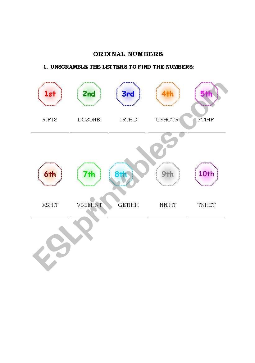 Ordinal Numbers from 1st. to 10th.