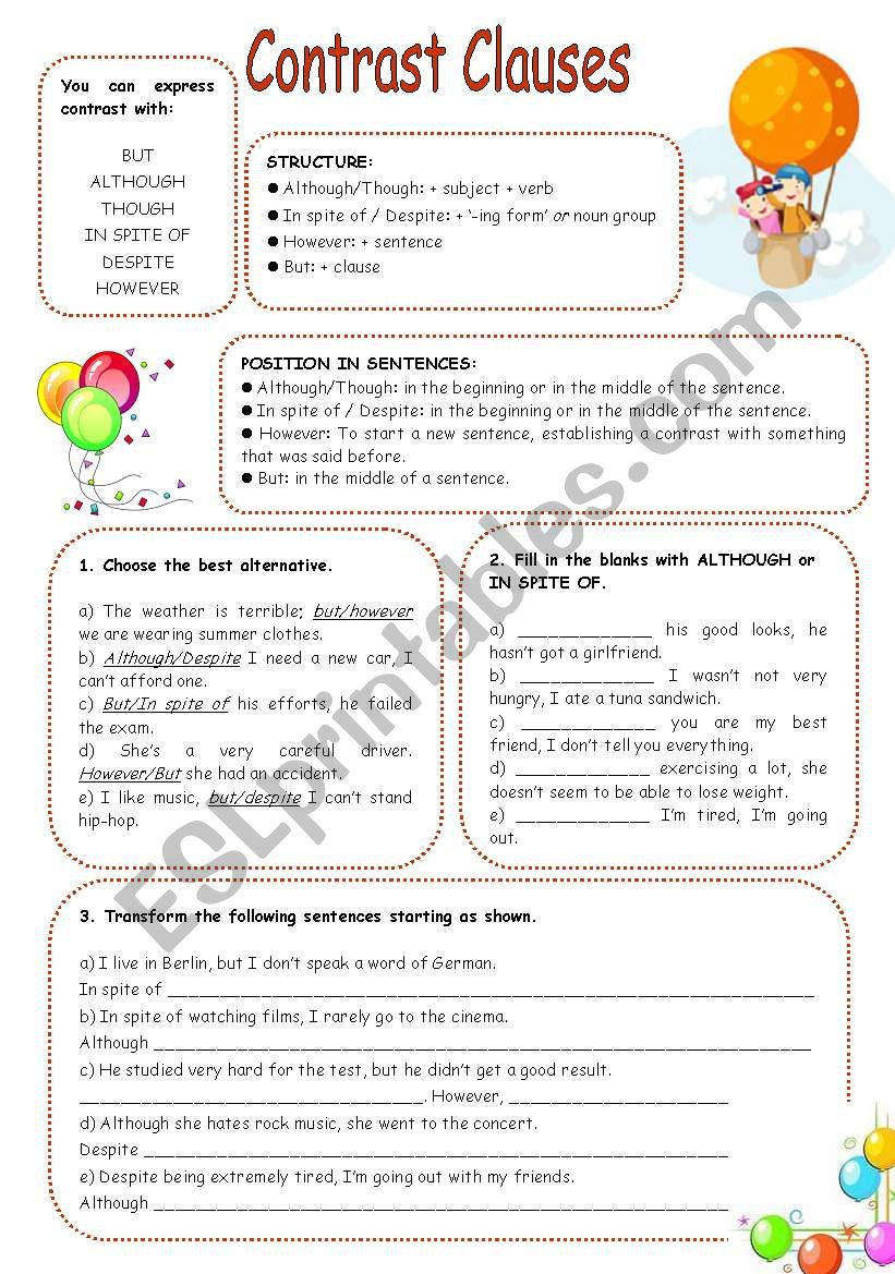 CONTRAST CLAUSES EXERCISES worksheet