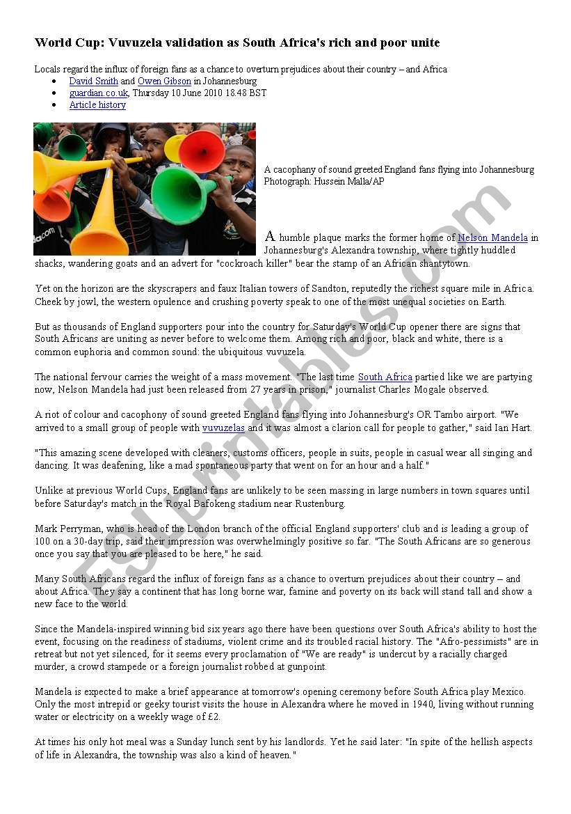 Reading: Worldcup - vuvuzelas worksheet