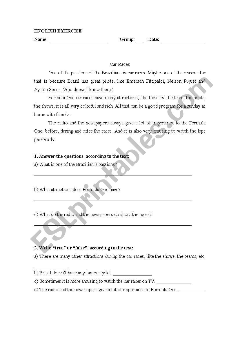 Car Races worksheet