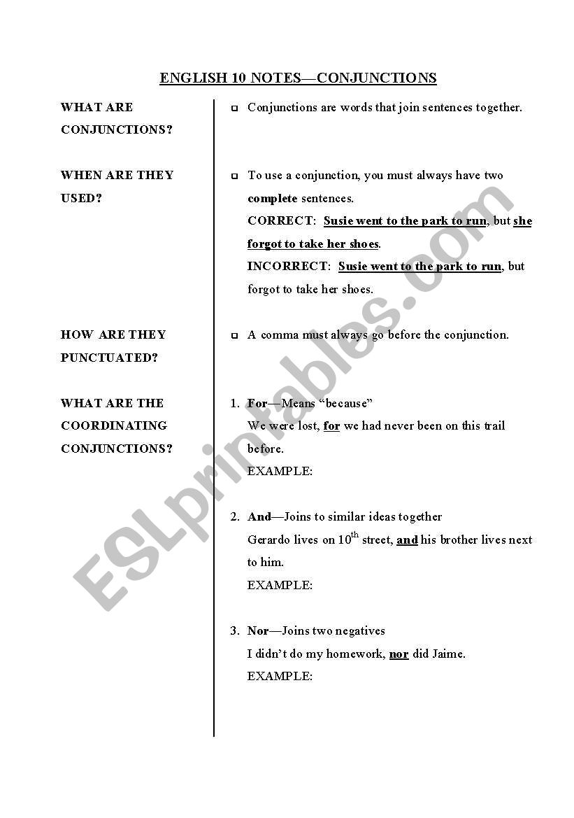 Conjunctions Notes worksheet