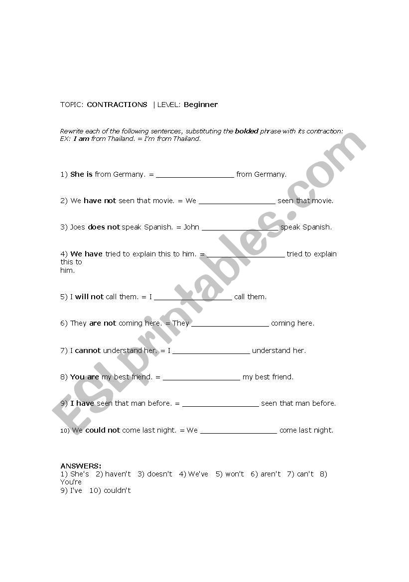 Contractions worksheet