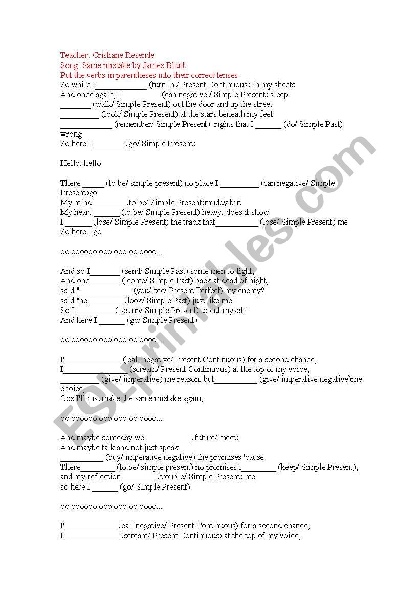 Song: Same mistake/ verb tense review