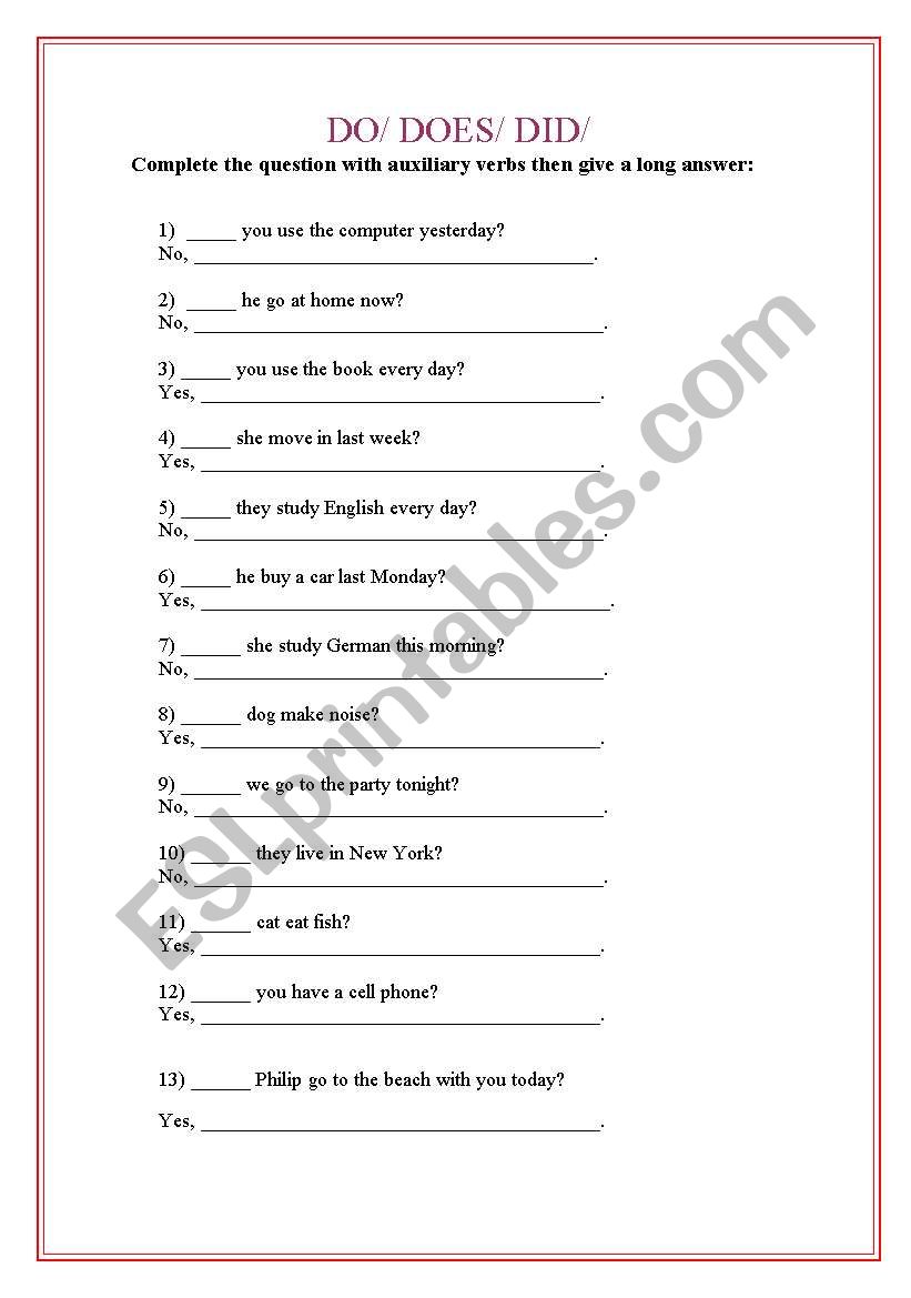 Do Does Did Worksheet