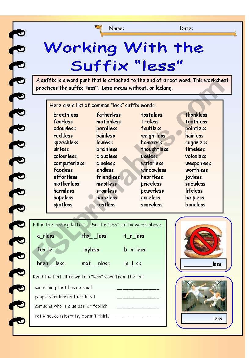 Working with the suffix less  Answer key included