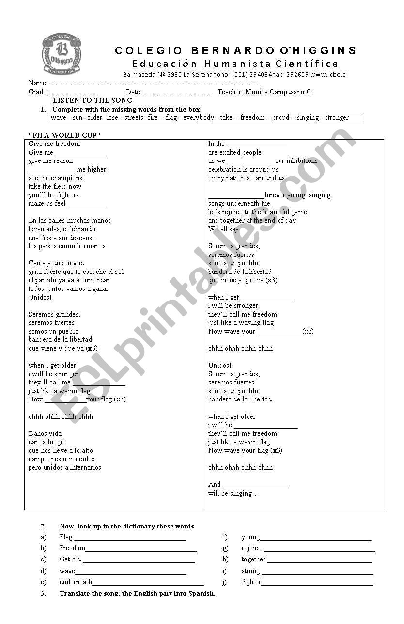 wavin flag worksheet