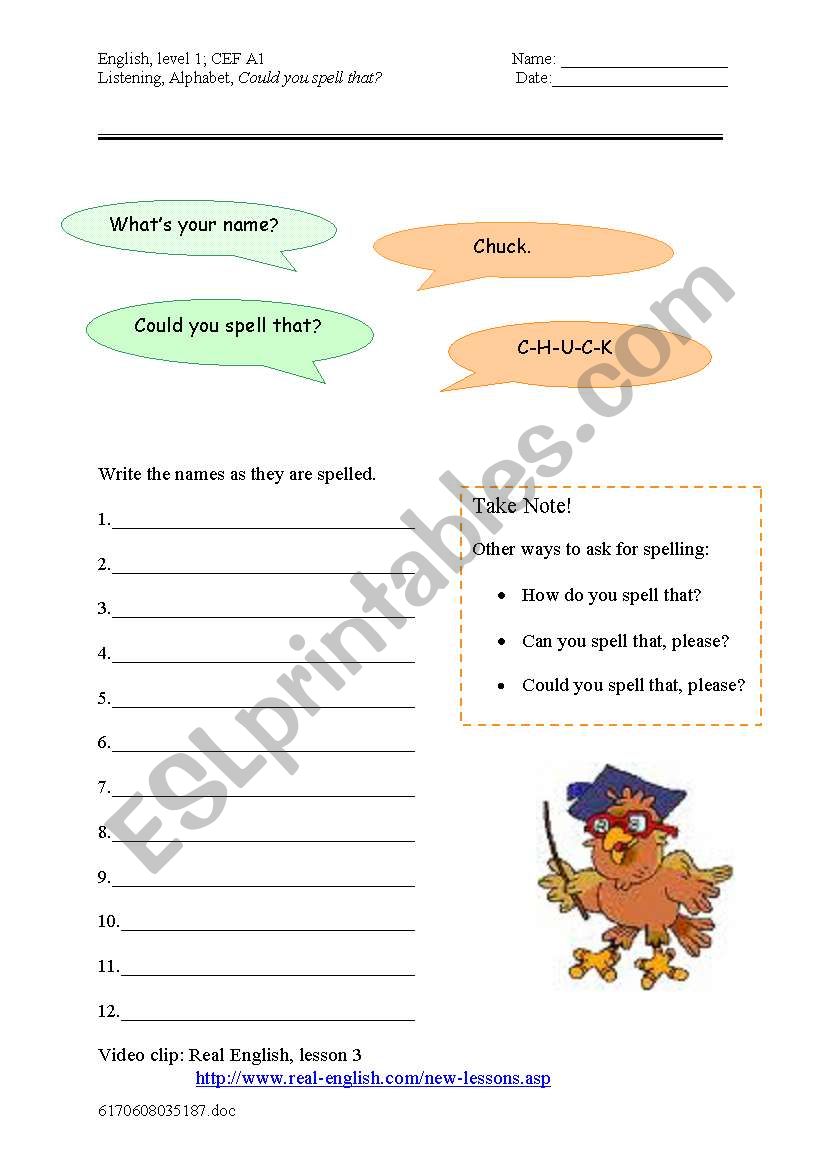 Could you spell that, please? worksheet