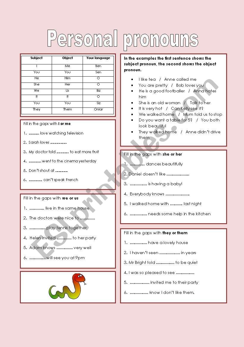 Personal pronouns worksheet