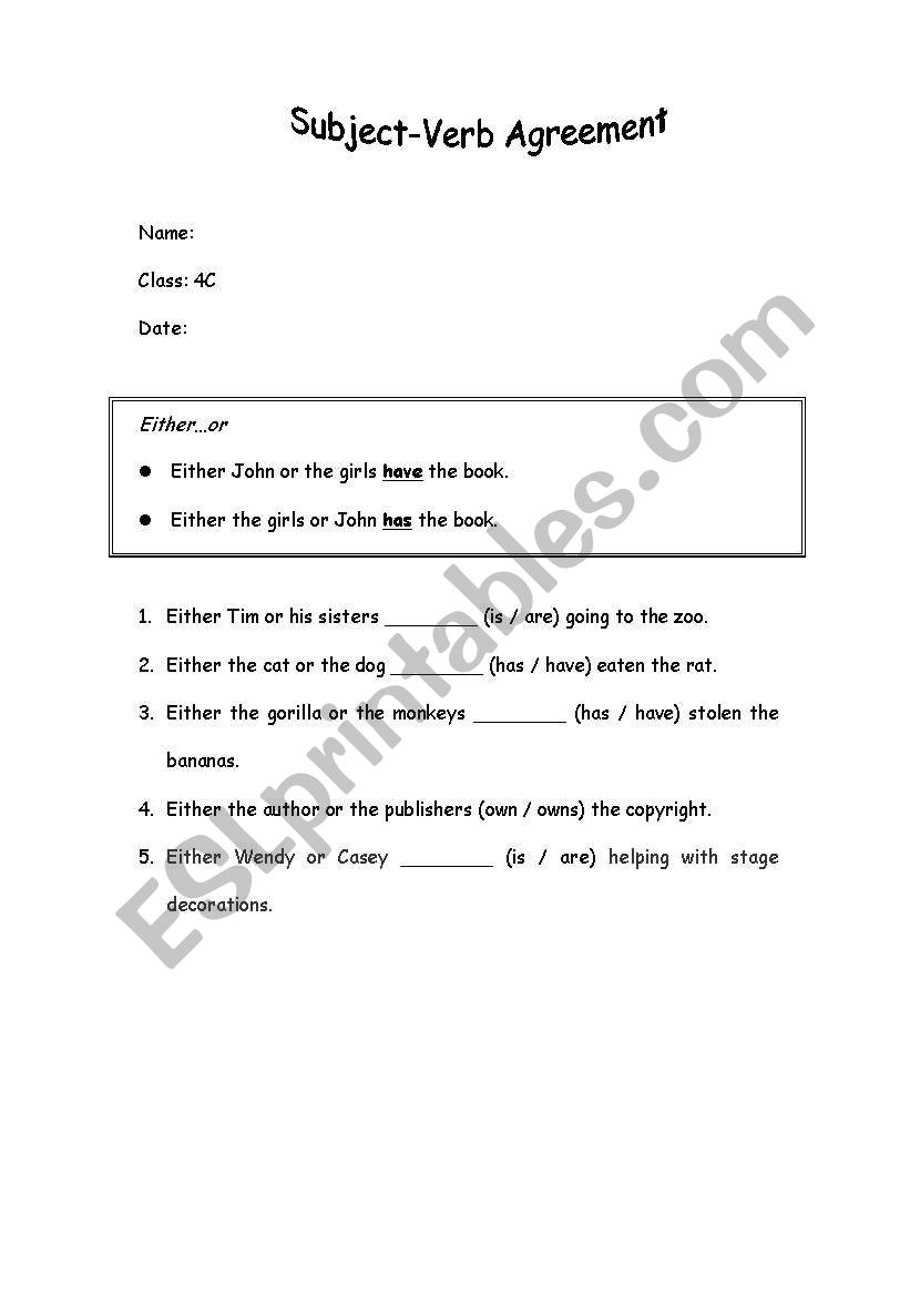 Subject-Verb Agreement Worksheet