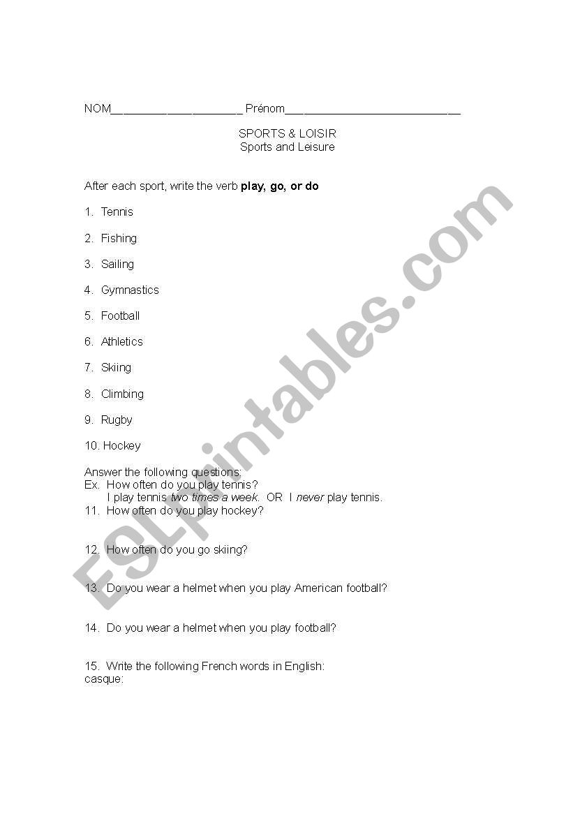 Exam over sports worksheet