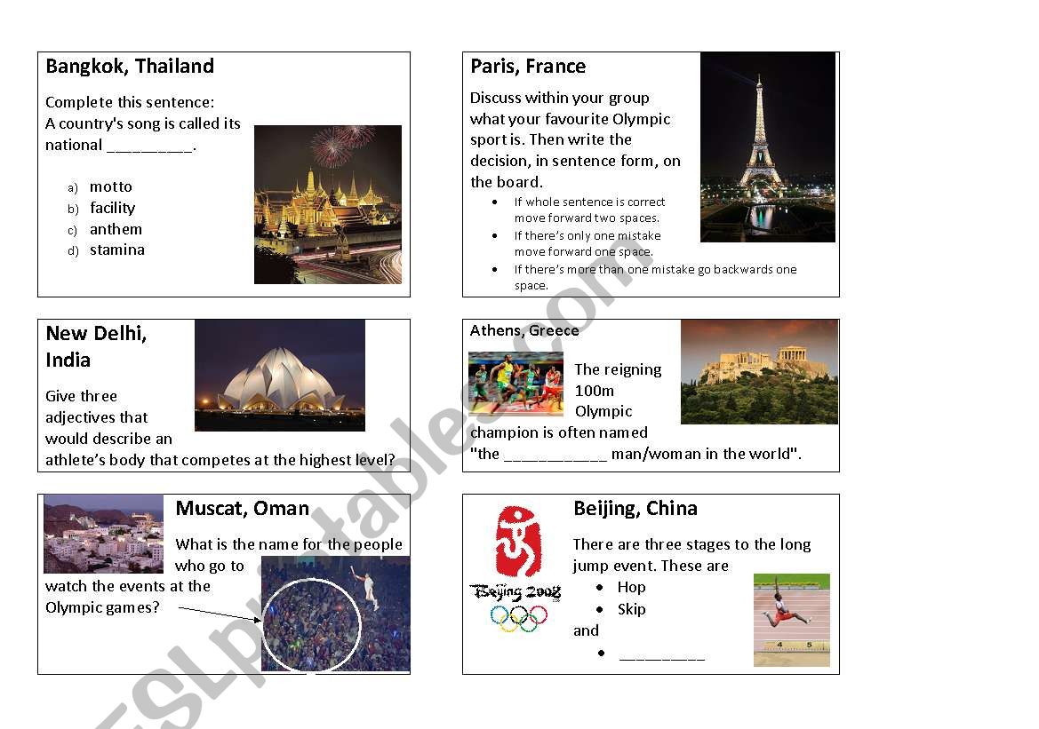 Olympic vocabulary board game card set 1
