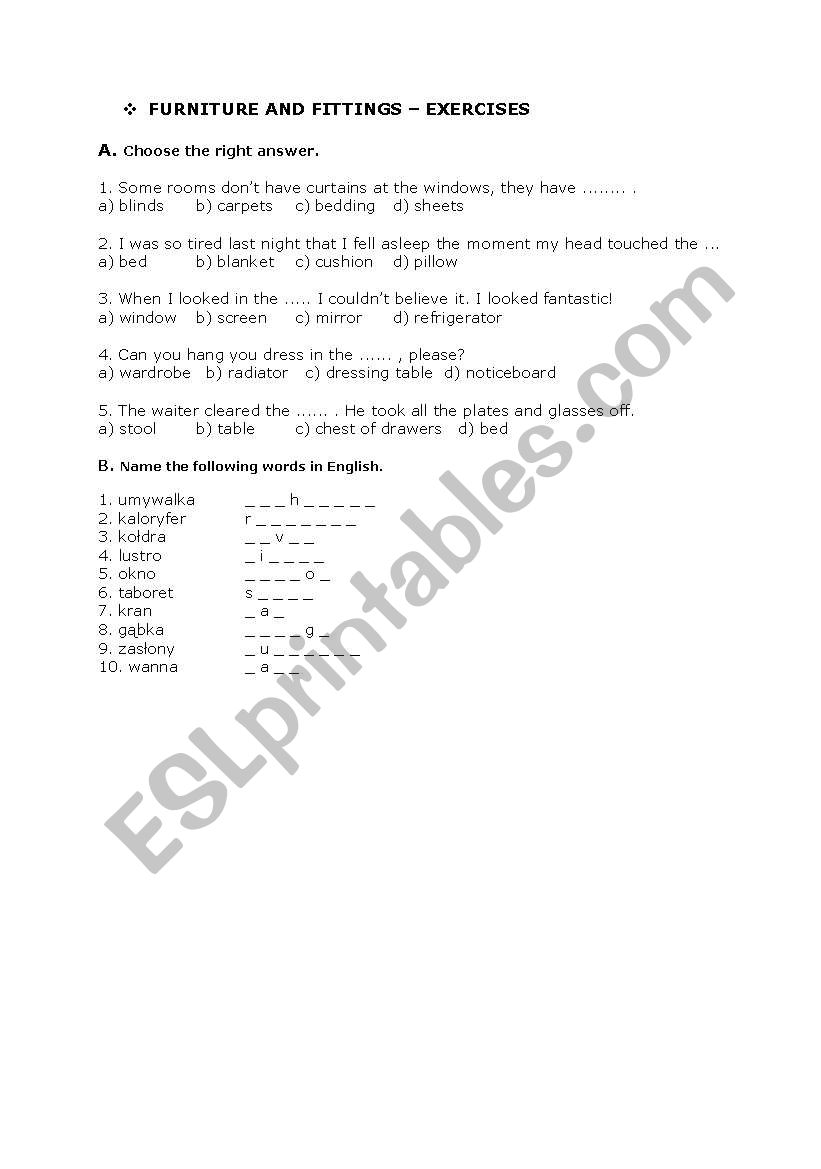 Furniture worksheet