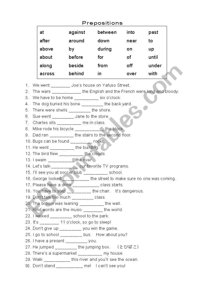 Preposition worksheet