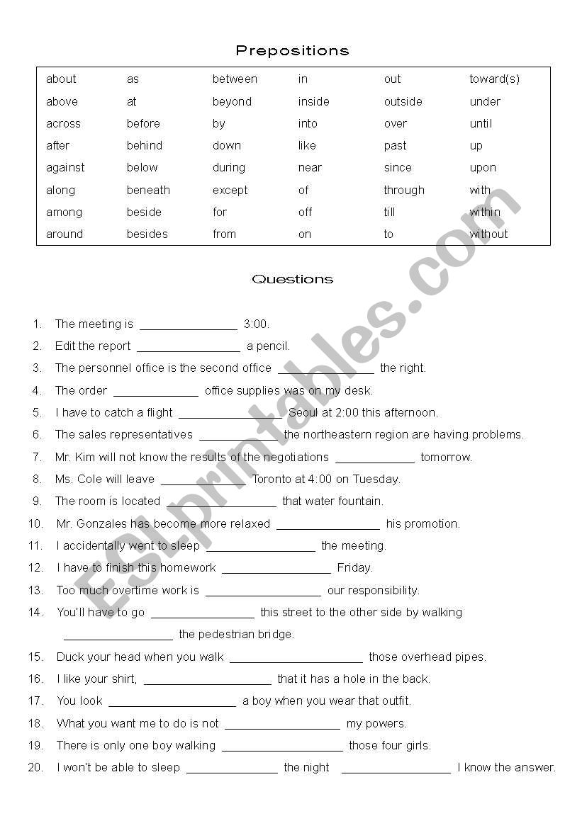 Prepositions worksheet