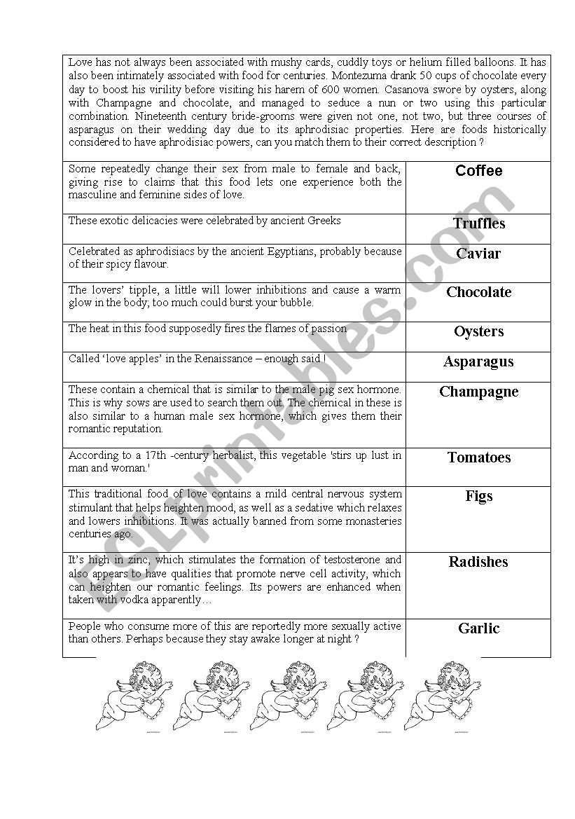 Mix and match reading exercise. Can you match the aphrodisiac foods with their descriptions?