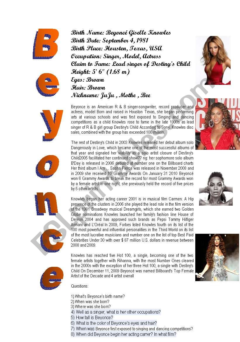 Beyonces biography worksheet