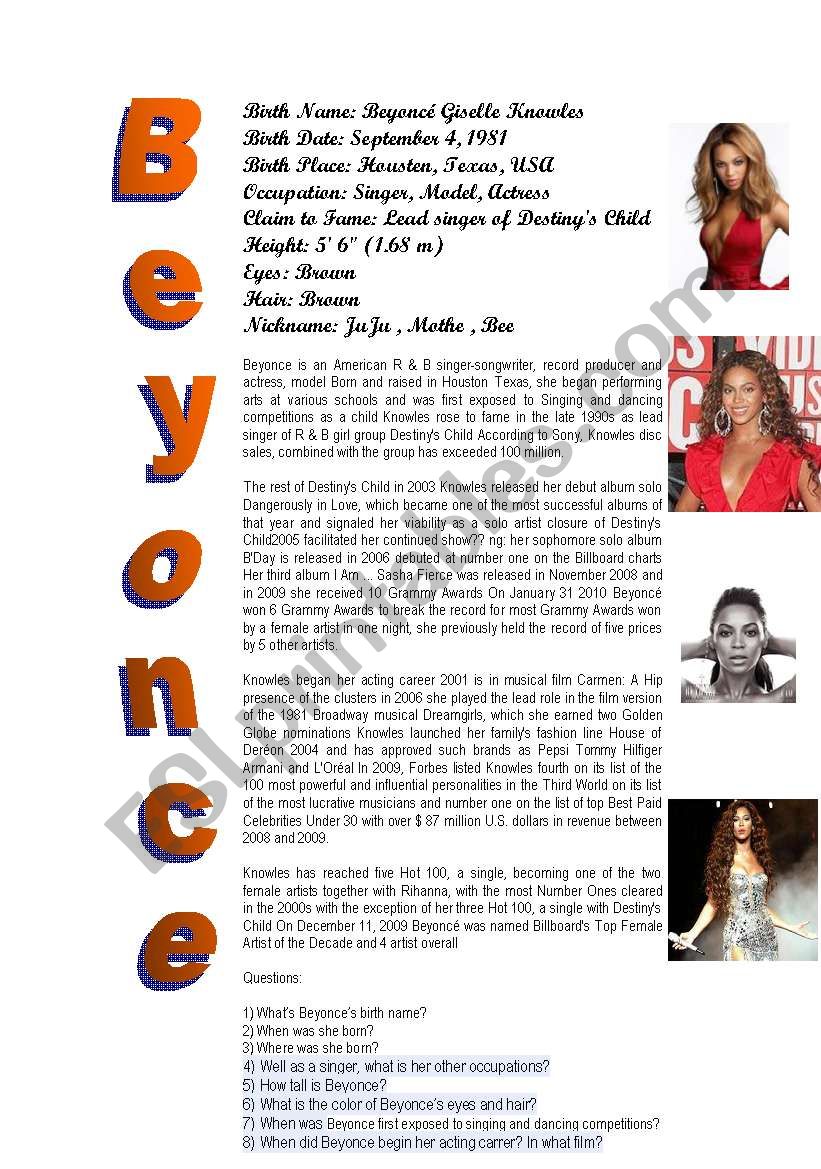 BeyonceÂ´s biography worksheet