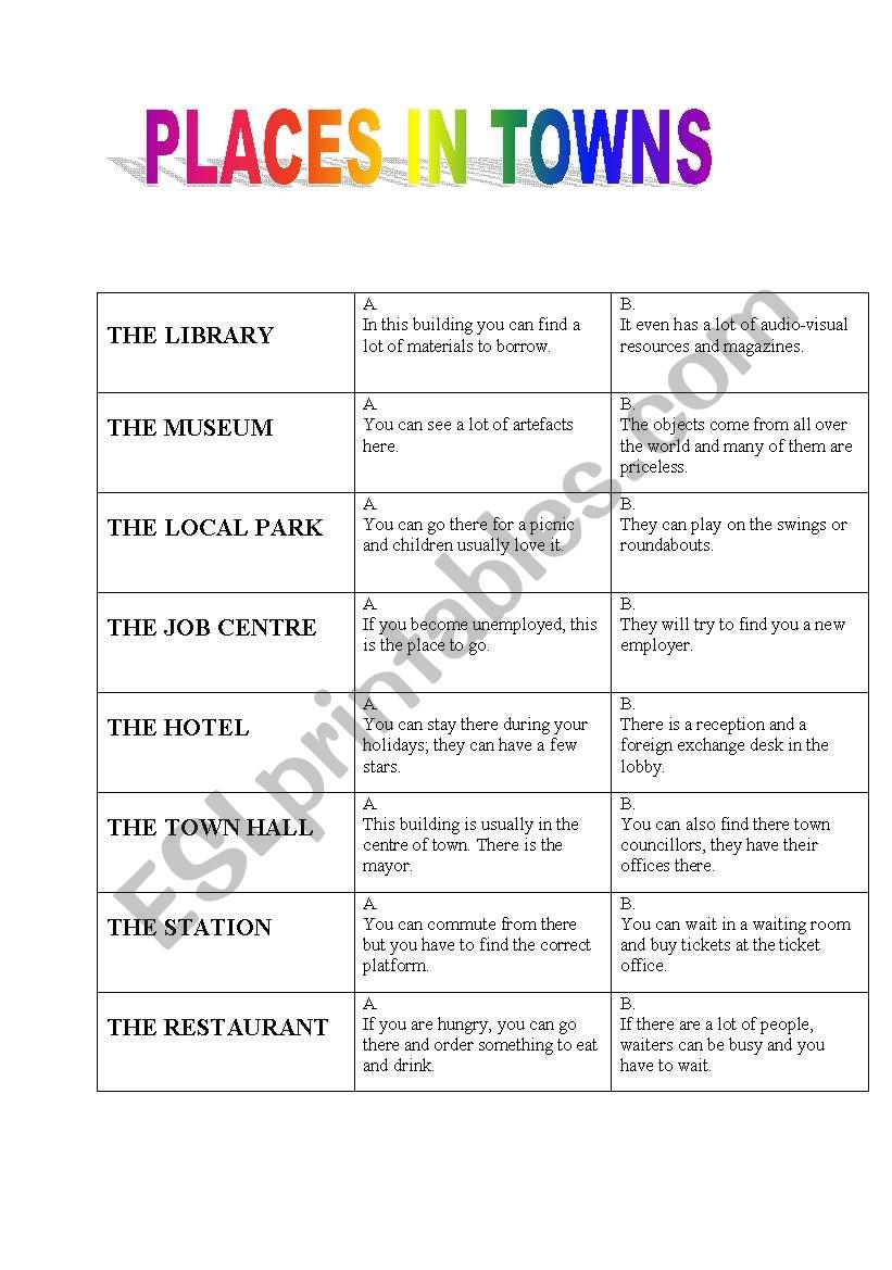 Places in towns - game worksheet