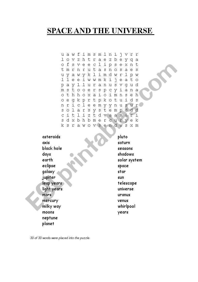 Space wordsearch worksheet