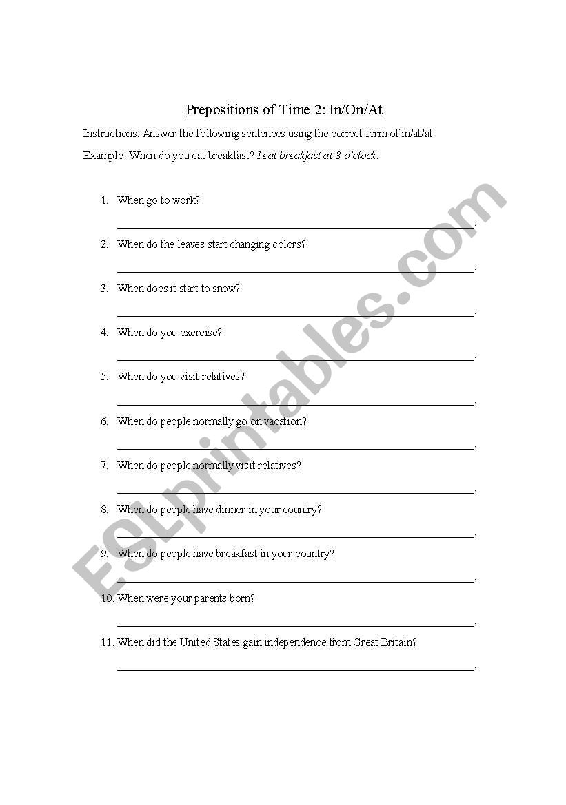TWO PAGES Worksheet using PRESPOSITIONS OF TIME AT/IN/ON (2)