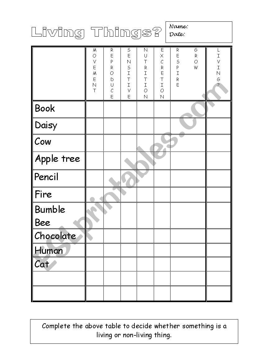 Living Things worksheet