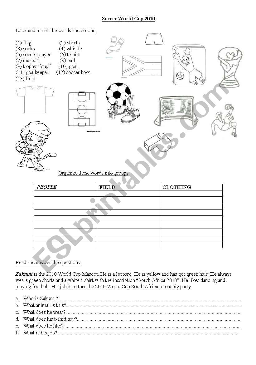 FIFA world cup 2010 worksheet