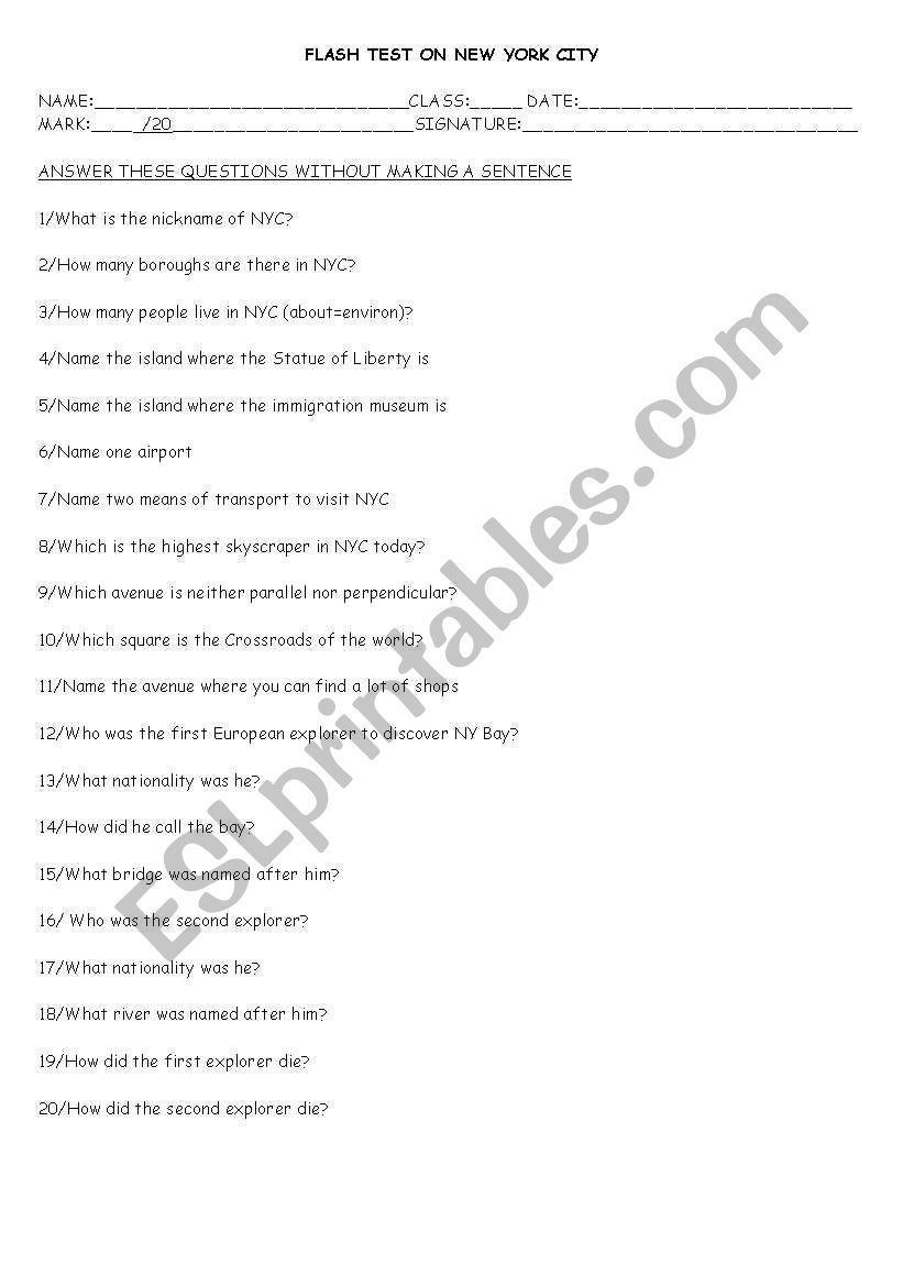Flash test on New York City worksheet