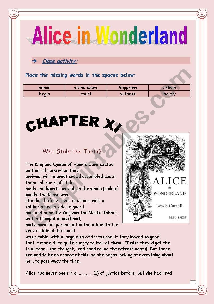 Reading time!!! Alice in Wonderland (Chapter XI) - Cloze activity. (8 pages - KEY included)