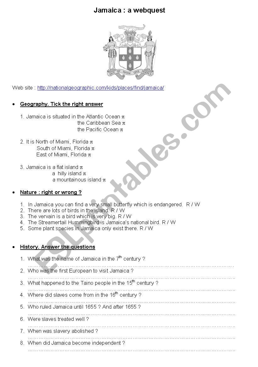 Jamaica: a webquest worksheet