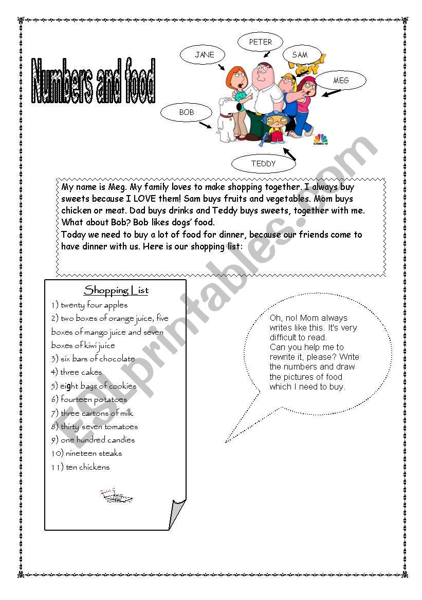 Food and Numbers worksheet