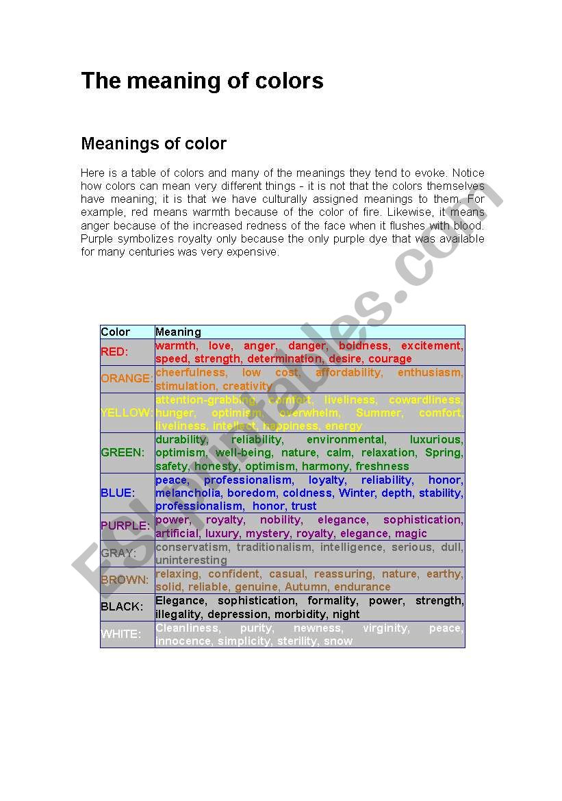 The meaning of colors worksheet