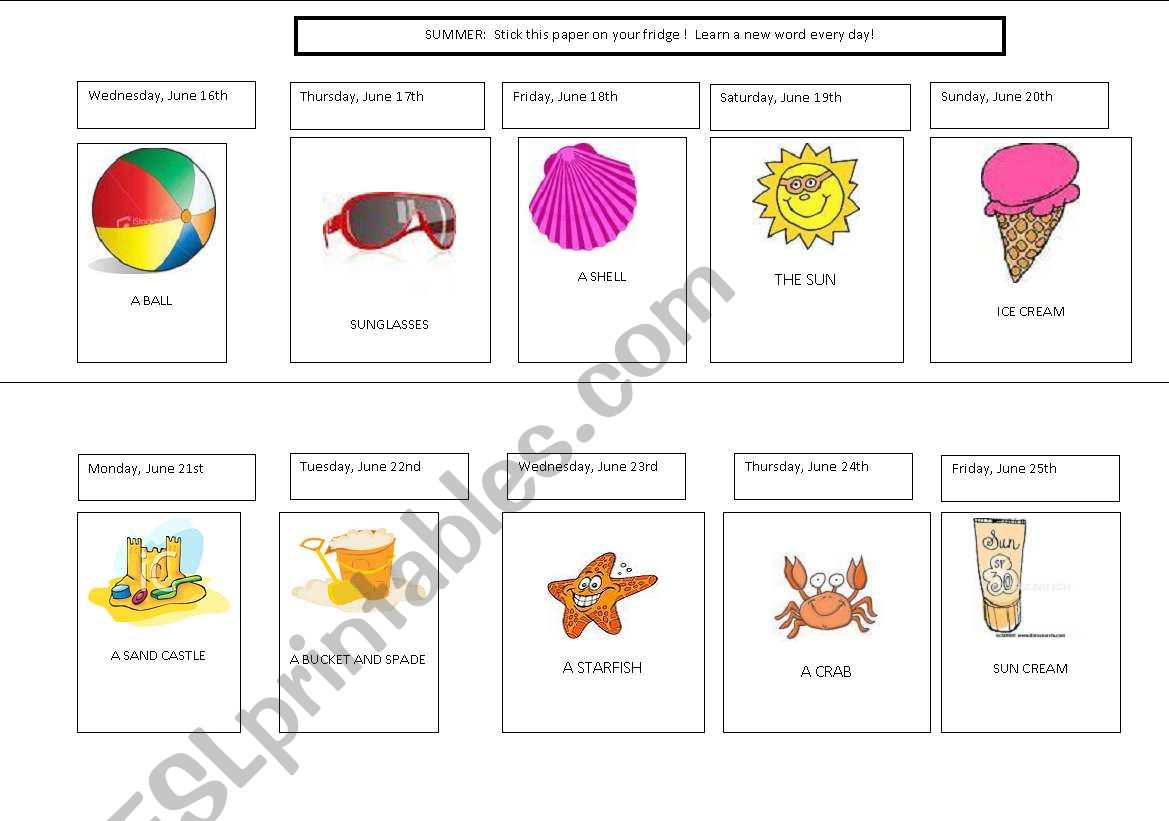 BEACH CALENDAR worksheet