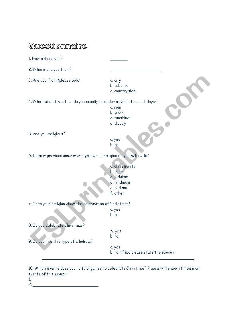 christmas questionnare worksheet