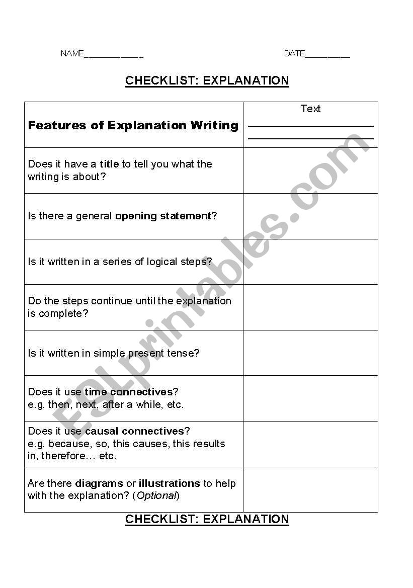 explanation writing checklist worksheet