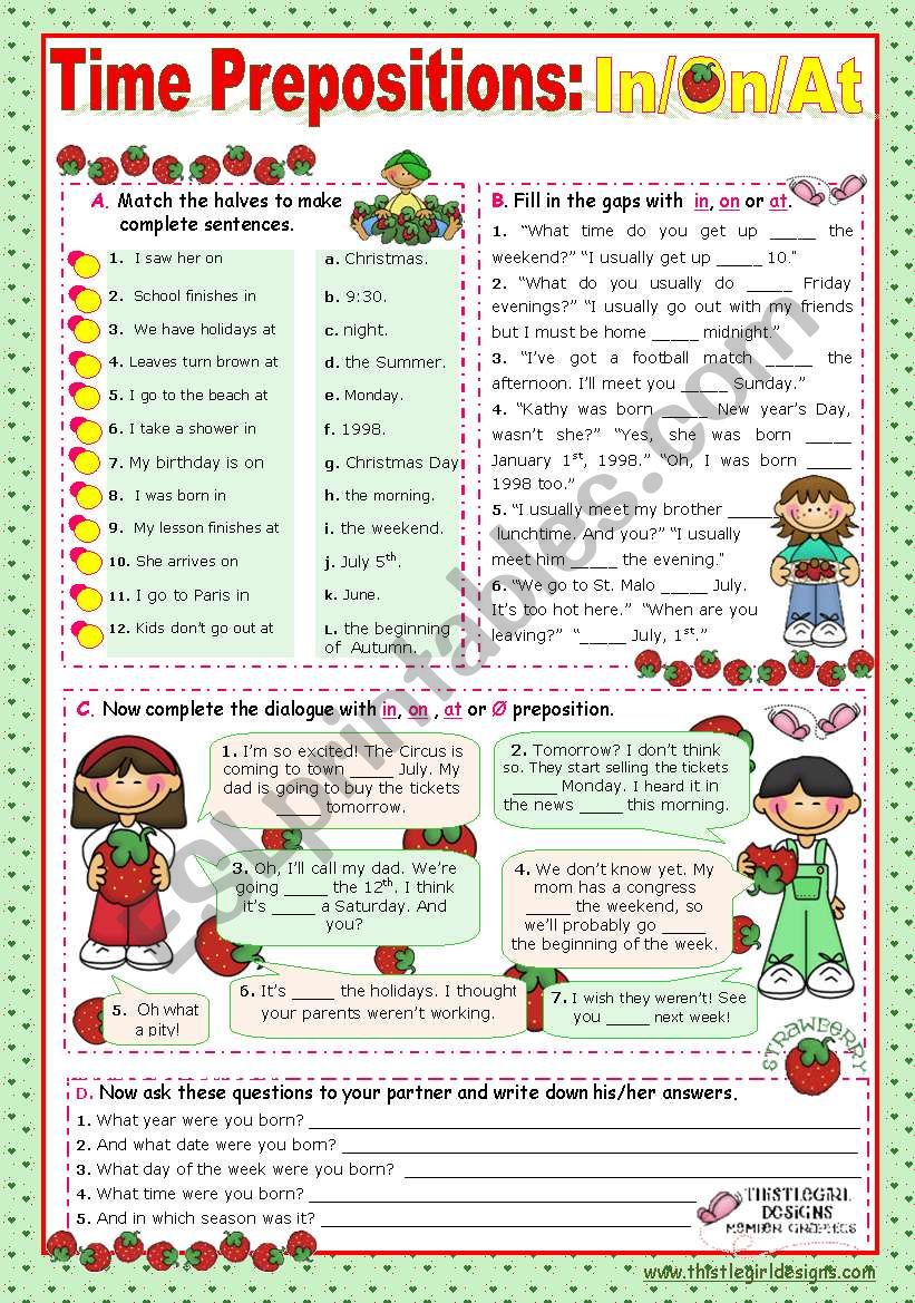 Time Prepositions:  In/ On/ At  for elementary students