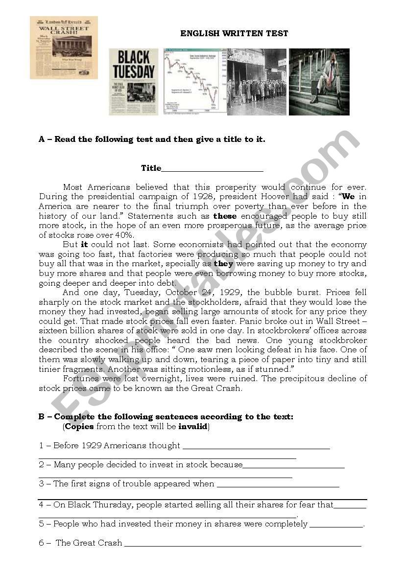The Crash of 1929 worksheet