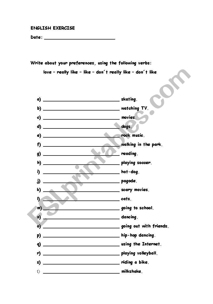 Preferences worksheet