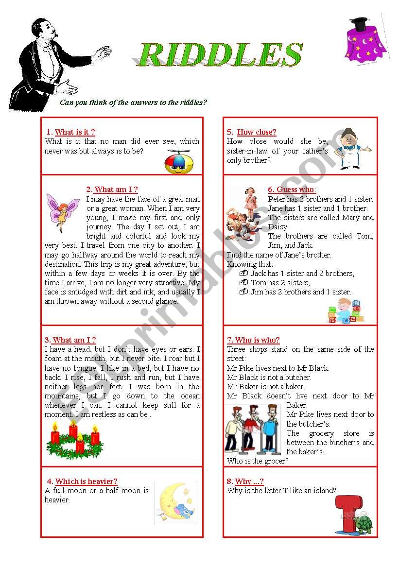 Funny RIDDLES (including answer key) - ESL worksheet by phucduong87
